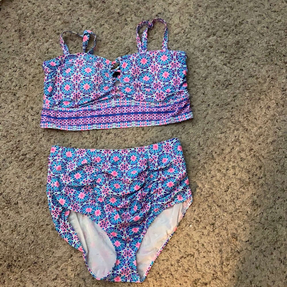 Pink and blue print two piece swimsuit